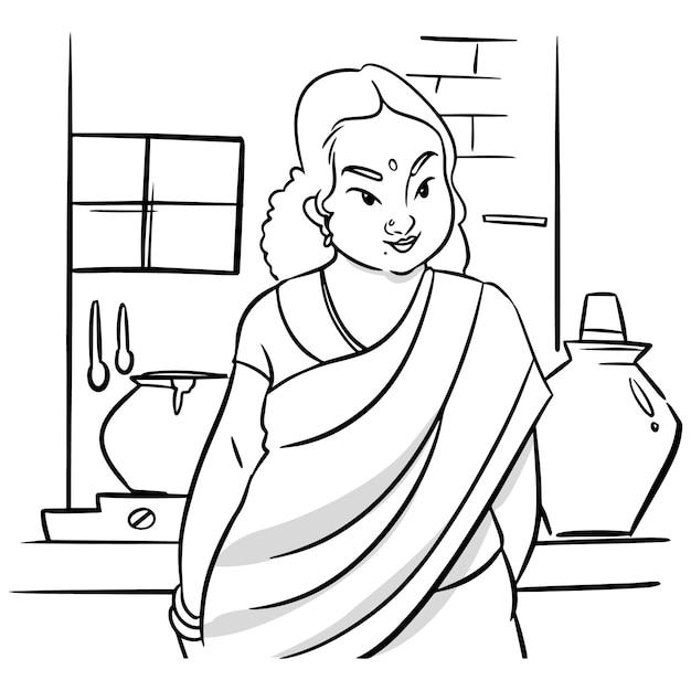 A black and white sketch of a woman in a saree.