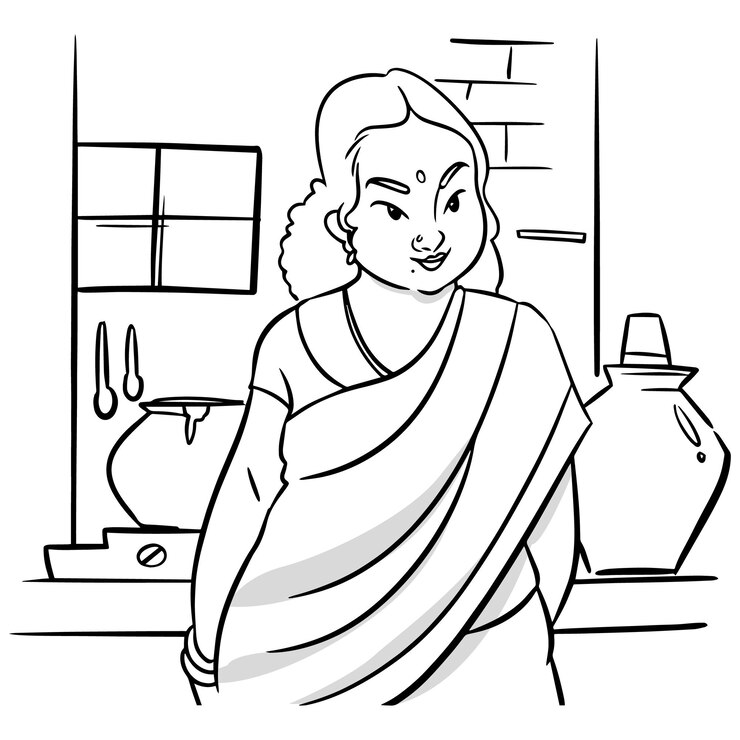 वेक्टर a black and white sketch of a woman in a saree.