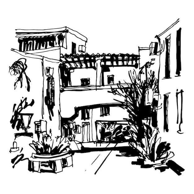 Black and white sketching of street in hotel complex Slovenska Plaza in Budva Riviera Montenegro