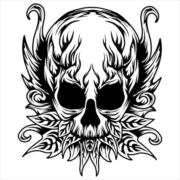 black and white skull head with floral pattern vector logo