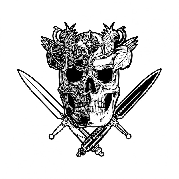 Vector black and white skull and knifes