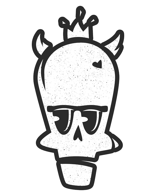 Black and white skull with eyes that look to side with horns crown holes on forehead