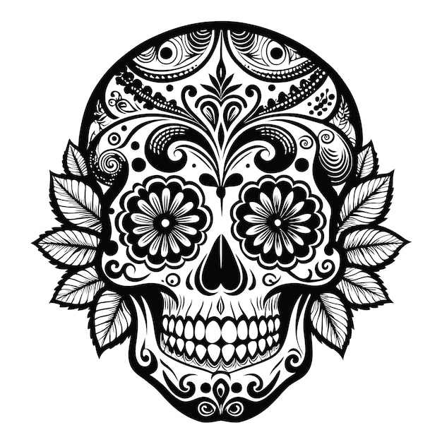 a black and white skull with a floral design on it