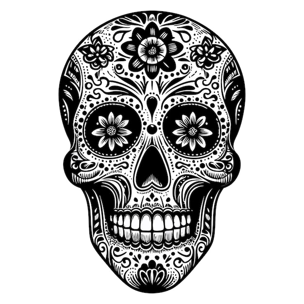 a black and white skull with a floral pattern on it