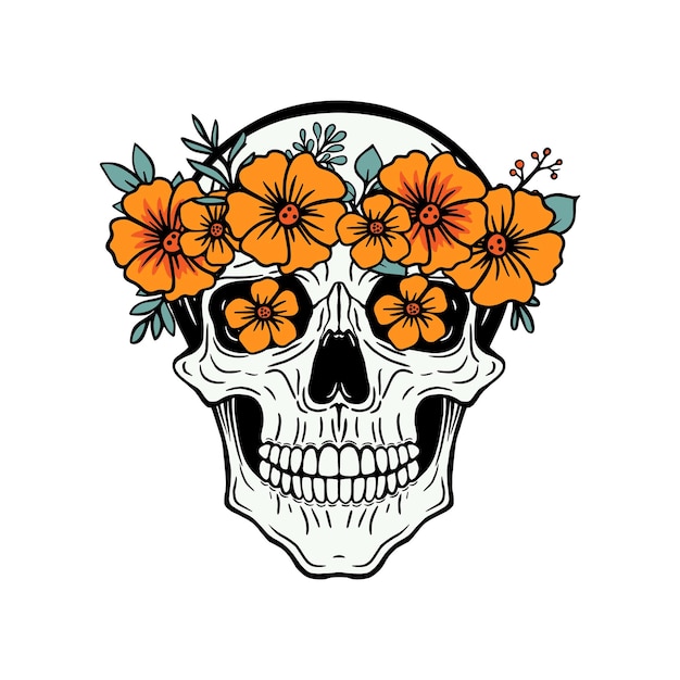 black and white skull with floral wreath with orange flowers hand drawn illustration