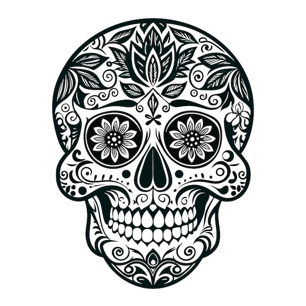 a black and white skull with flowers and a skull on it