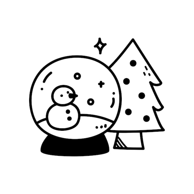 Black and white snow ball with christmas tree vector. Editable.