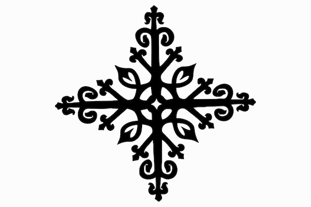 A black and white snowflake with leaves.