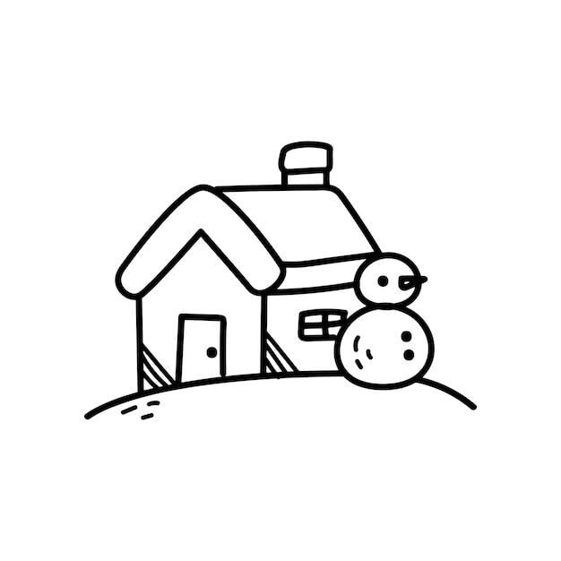 Black and white snowman with winter house vector. Editable.