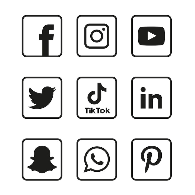 Set di icone dei social media in bianco e nero logo vector illustrator