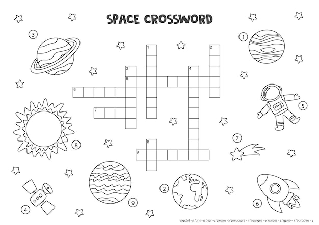 Black and white space crossword for kids with solar system planets, sun, rocket.