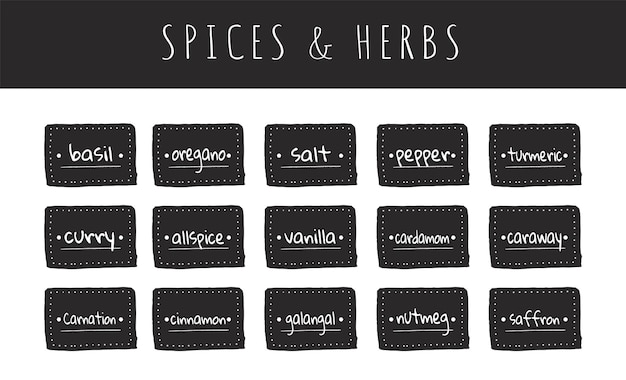 Black and white spices and herbs stickers or food labels collection of rectangular frames