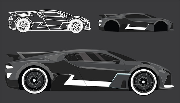 black and white sports car vector templateside view