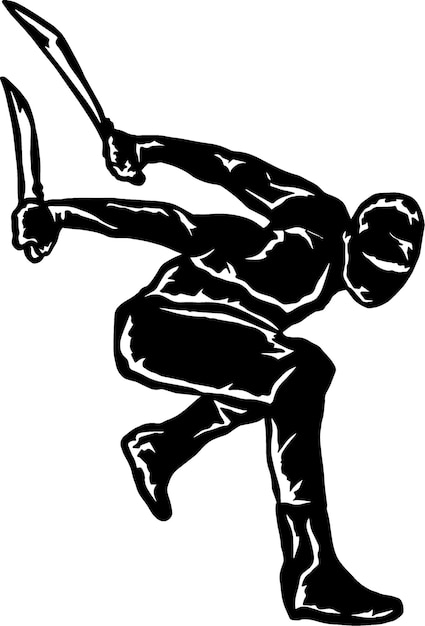 A black and white sticker of a ninja man with a sword in his hand