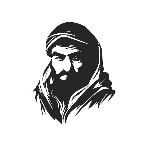 Logo rigoroso e minimalista in bianco e nero raffigurante un uomo dall'aspetto arabo
