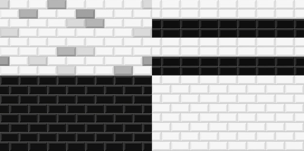 Черный и белый набор плитки метро бесшовные модели. Стена с текстурой кирпича. Вектор геометрический фон дизайн