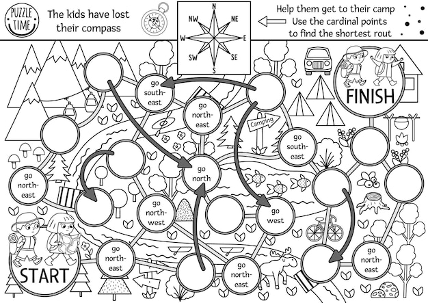 Black and white summer camp dice board game for children with map compass points