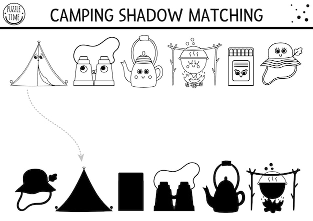 Black and white summer camp shadow matching activity with cute kawaii camping equipment Family nature trip outline puzzle Find the correct silhouette printable worksheet or coloring page xA