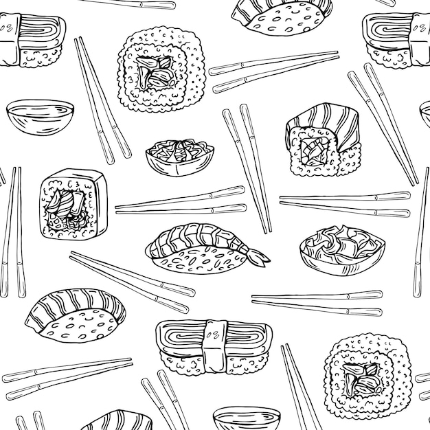 Vector black and white sushi pattern in doodle style.