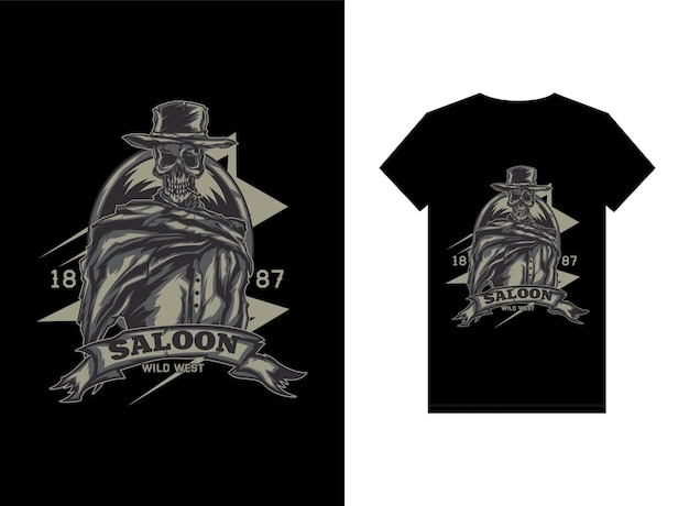 A black and white t - shirt with a cowboy and a banner that says saloon on it.