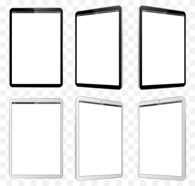 黒と白のタブレットコンピューターのイラスト。空白の画面と透明な背景を持つタブレットPCの斜視図。