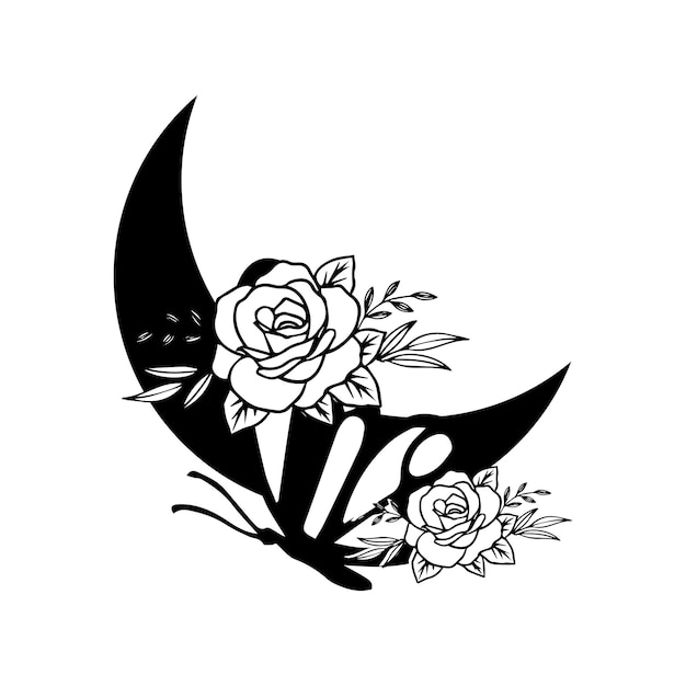 Vector a black and white tattoo of a crescent moon with roses on it.