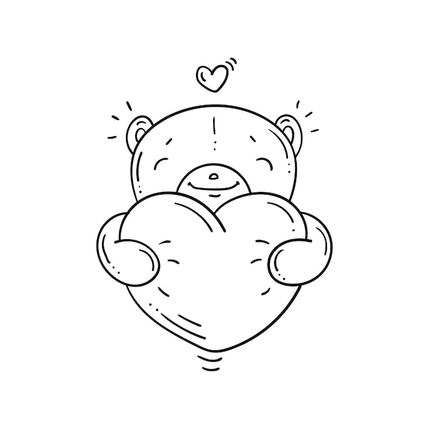 Vector black and white teddy bear with big heart in doodle style