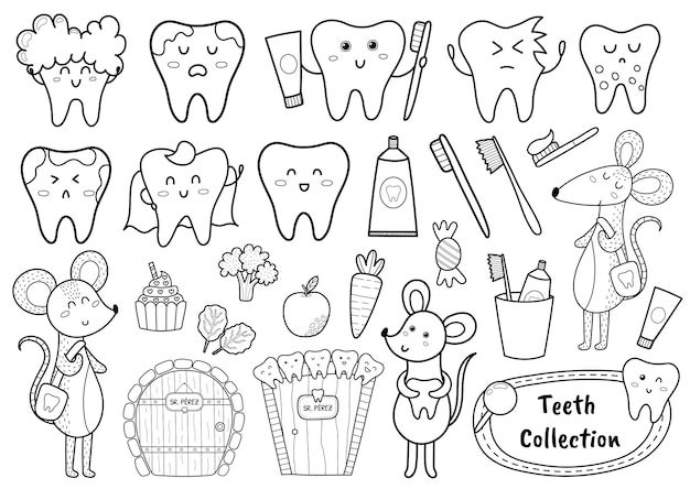 向量黑色和白色牙齿收集与可爱的人物。艺术线条牙医用牙膏