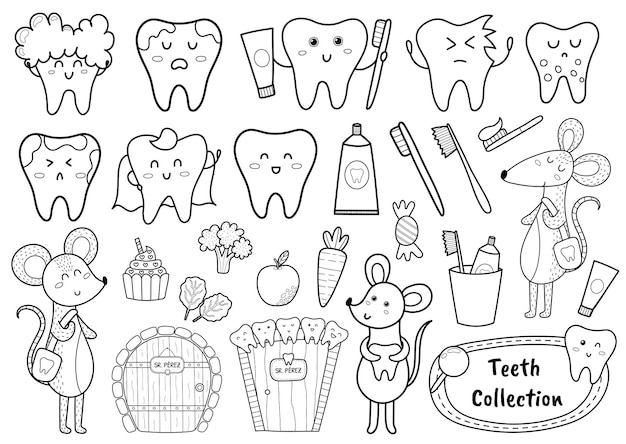 귀여운 캐릭터가 있는 흑백 치아 모음입니다. 라인 아트 치과 의사 세트 치약