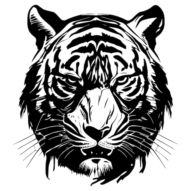 A black and white tiger head with a black and white face.