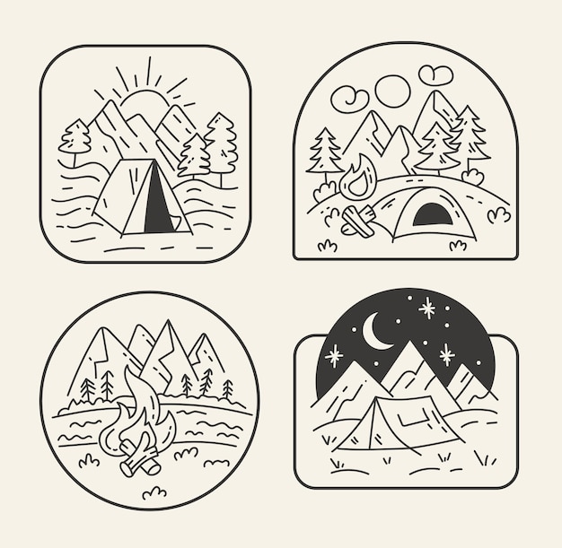 Black and white travel forest badge line outline art style isolated set