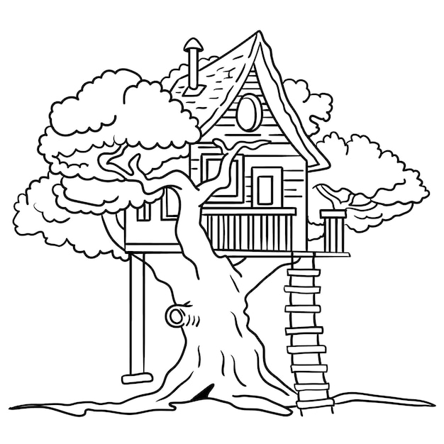 black and white tree house outline illustration for coloring book.