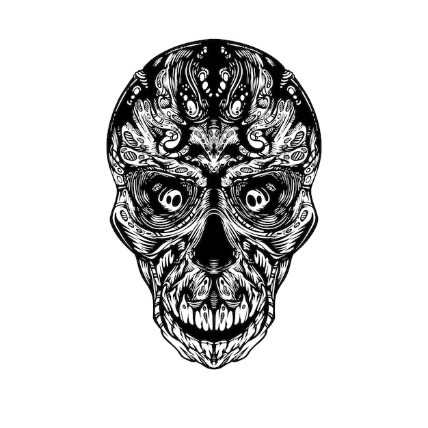 Black and white tribal decorative skull pattern tattoo