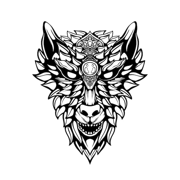 black and white tribal decorative wolf pattern tattoo