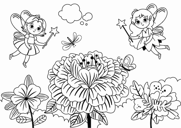 Black and white two fairies flying near flowers vector illustration