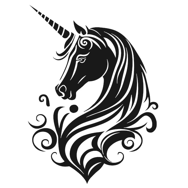 A black and white unicorn with a horn on it.