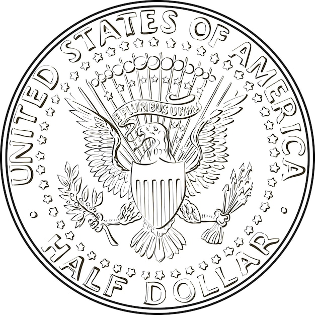 Black and white united states coin half dollar with presidential seal on reverse