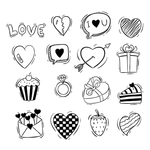 black and white valentine icons collection with hand drawn or doodle style