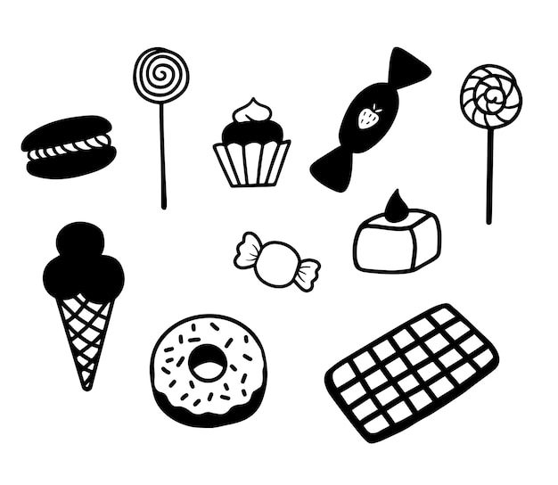 Vector black and white vector candy icons sweets ice cream donut in line style set