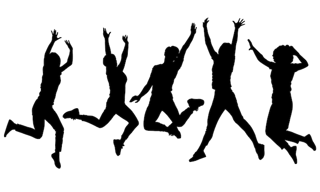Sagome femminili vettoriali in bianco e nero per ritagliare l'attività e la gioia delle persone che saltano
