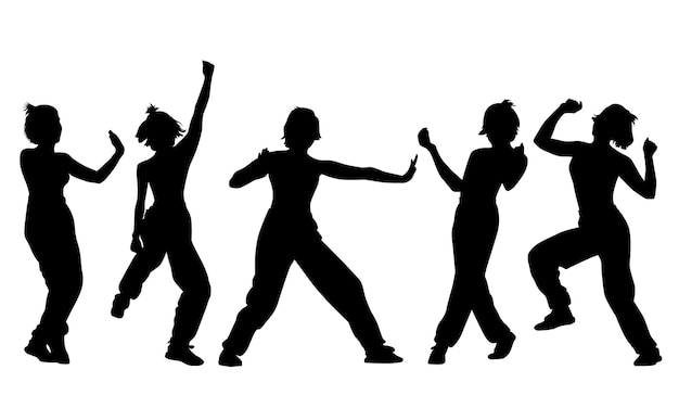 black and white vector female silhouettes for clipping, jumping people, activity and joy