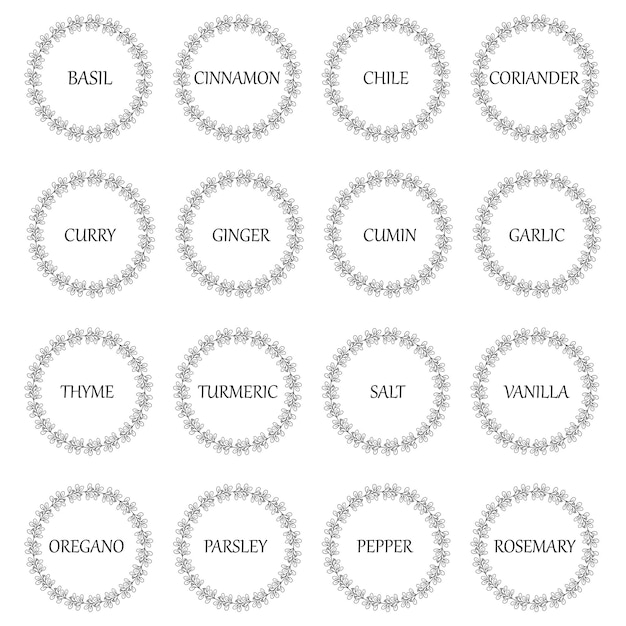 Black and white vector food labels or stickers can be used to label food jars spice containers round botanical frame for each sticker