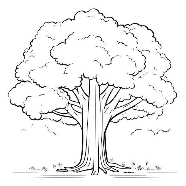 Black and white vector illustration of a big old tree with big roots