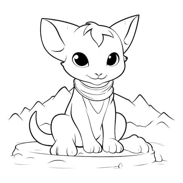 Black and white vector illustration of a cat sitting on a rock