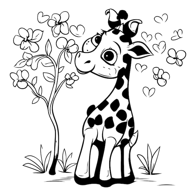 Vector black and white vector illustration of a cute giraffe and flowers