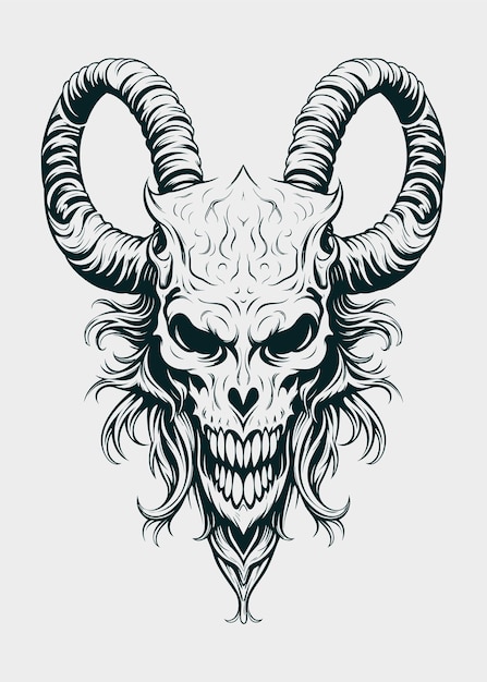 Black and white vector illustration of a devil or demon with horns on his head