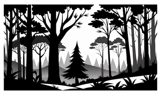 Vector black and white vector illustration of a forest with mountains in the background silhouette style