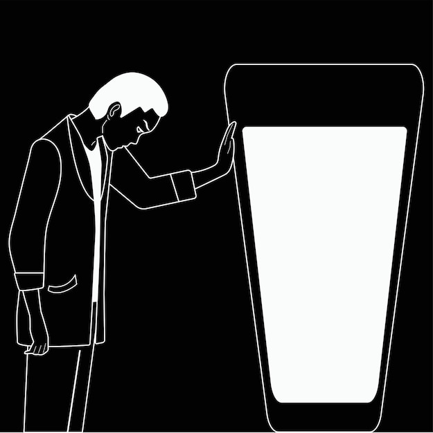 Illustrazione vettoriale in bianco e nero linea di disegno a mano alcolismo ragazzo con un bicchiere di alcol
