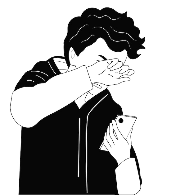 Black and white vector illustration hand drawing line Sad guy looks at the phone