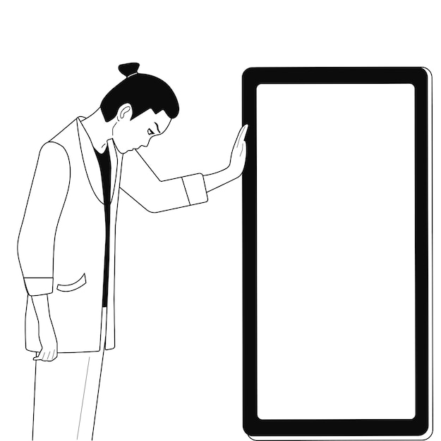 Black and white vector illustration hand drawing line Sad guy with a phone